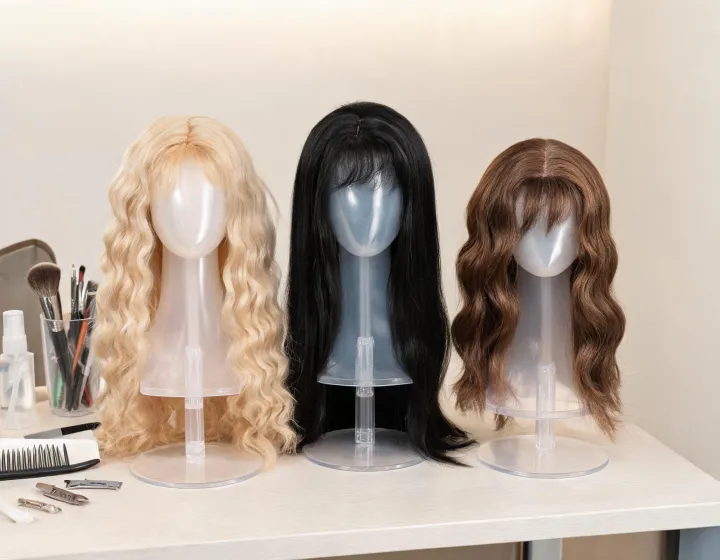 Glueless Wig Sourcing on a cosmetics bench, illustration only
