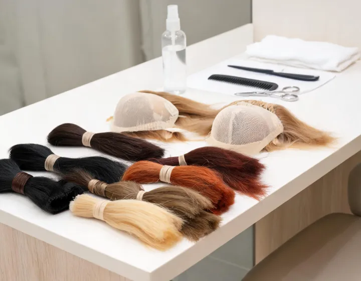 glueless wig human hair on a cosmetics bench, illustration only