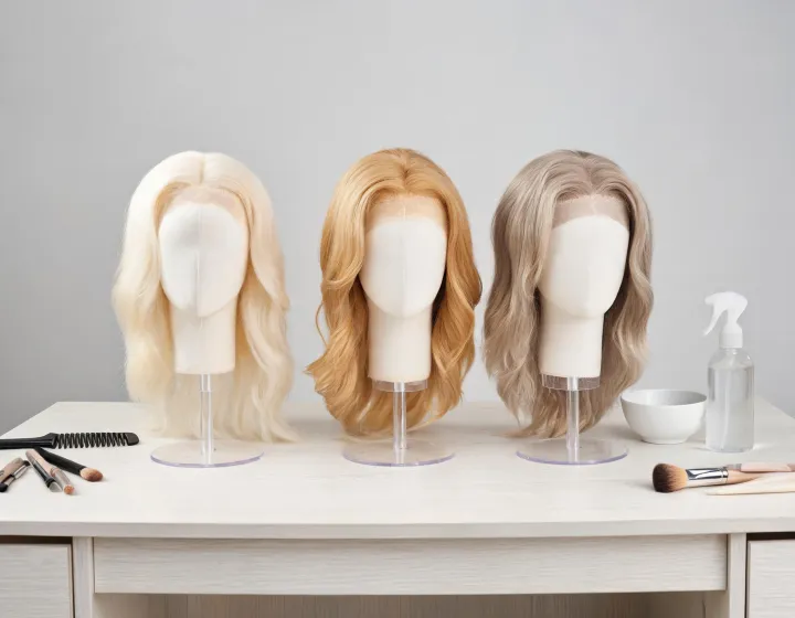 blonde glueless wig on a cosmetics bench, illustration only