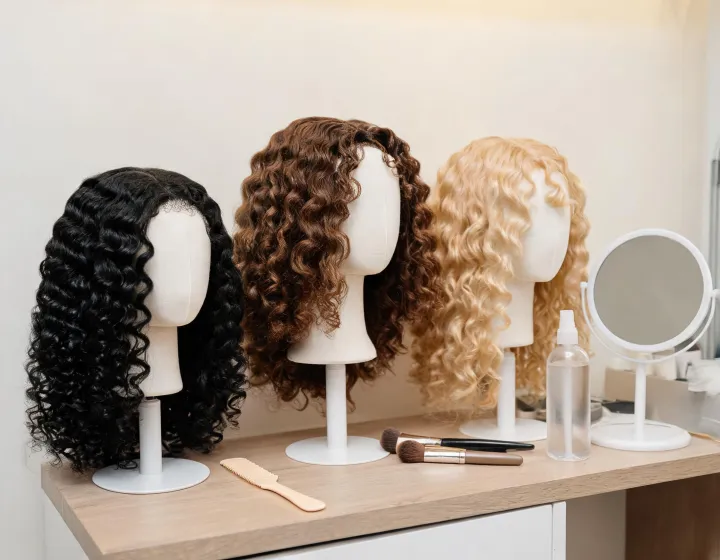 curly glueless wig on a cosmetics bench, illustration only